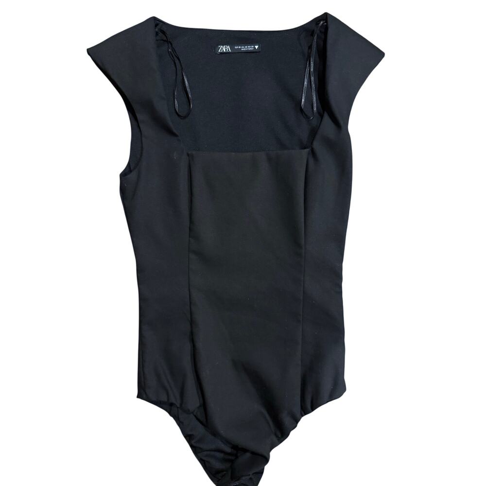 Zara sleeveless black padded pleats lined fancy snap body suit Women's XS top